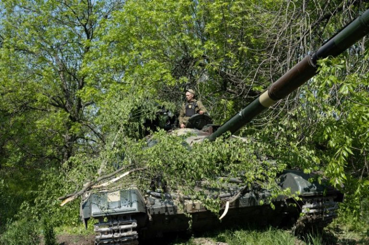 A Ukrainian main battle tank sets in a position near Lysychansk, eastern Ukraine