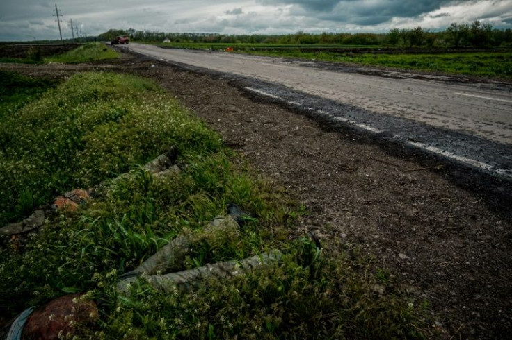 The bodies of two Russian soldiers found in the village of Vilkhivka, near the eastern city of Kharkiv