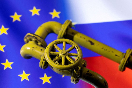 A 3D printed Natural Gas Pipes are placed on displayed EU and Russian flags in this illustration taken, January 31, 2022. 