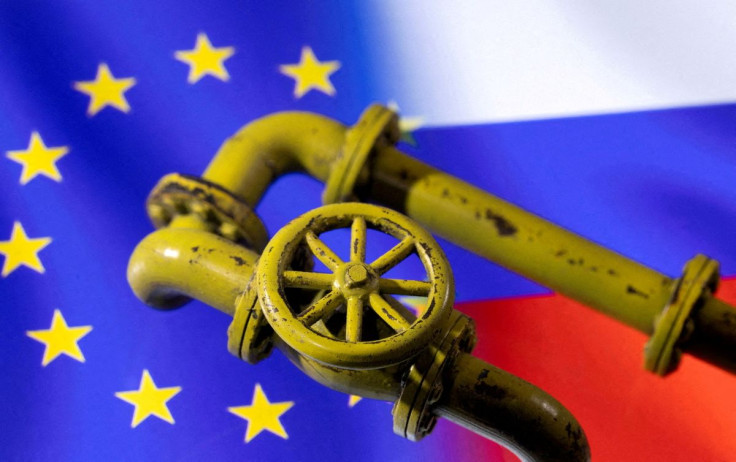 A 3D printed Natural Gas Pipes are placed on displayed EU and Russian flags in this illustration taken, January 31, 2022.