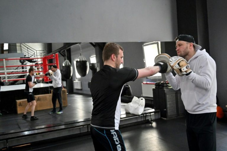 An amateur boxer trains at the All Stars Boxing Club in the Ukrainian capital of Kyiv on Tuesday