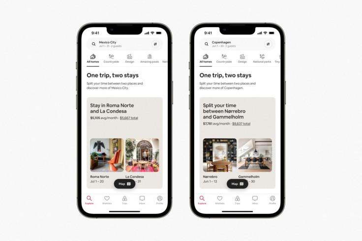 A screenshot shows the redesigned Airbnb app with "split stays" feature in this undated handout image. Courtesy Airbnb/Handout via REUTERS  