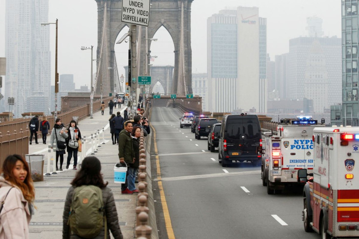 A motorcade believed to be transporting Joaquin Guzman the Mexican drug lord known as "El Chapo,"  crosses the Brooklyn Bridge after departing the Brooklyn Federal Courthouse, in Brooklyn, New York, U.S., February 15, 2018. 