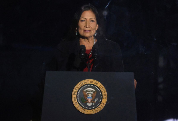 U.S. Secretary of the Interior Deb Haaland speaks during the National Tree Lighting Ceremony at the Ellipse near the White House in Washington, U.S., December 2, 2021.