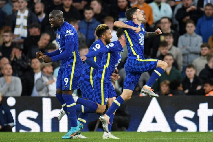 Chelsea's Christian Pulisic (R) celebrates scoring against Leeds