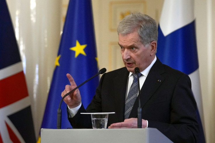 Finnish President Sauli Niinisto and British Prime Minister Boris Johnson (not pictured) hold a news conference, after signing a declaration between the UK and Finland to deepen their defence and security co-operation, amid Russia's invasion of Ukraine, a