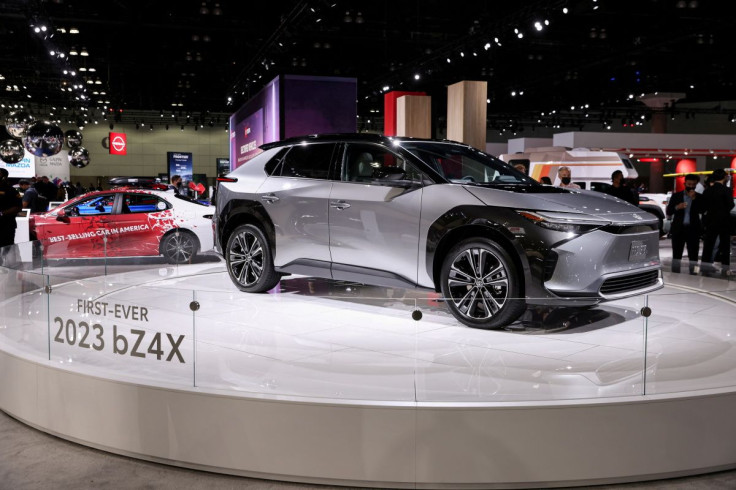 A 2023 Toyota bZ4X all-electric SUV is displayed during the 2021 LA Auto Show in Los Angeles, California, U.S. November, 17, 2021. 