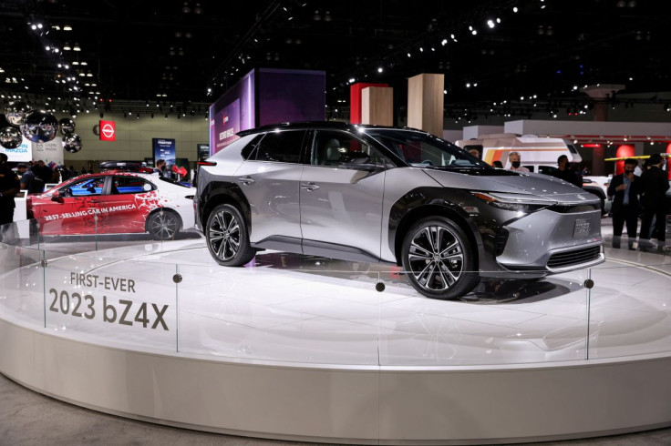 A 2023 Toyota bZ4X all-electric SUV is displayed during the 2021 LA Auto Show in Los Angeles, California, U.S. November, 17, 2021.