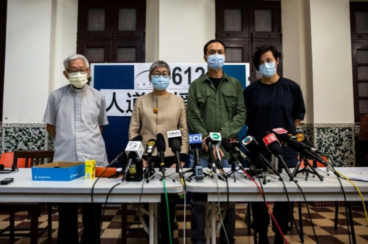 (L-R) Cardinal Joseph Zen, barrister Margaret Ng, professor Hui Po-keung and singer Denise Ho attend a press conference in Hong Kong on August 18, 2021