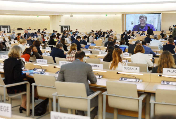 Michelle Bachelet, UN High Commissioner for Human Rights, is pictured on a screen during her video address to the Human Rights Council special session on human rights situation in Ukraine, at the United Nations in Geneva, Switzerland, May 12, 2022. 