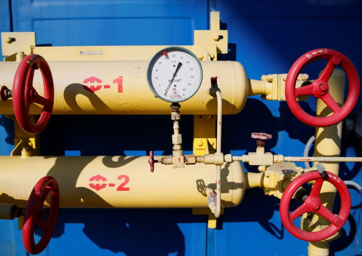 A view shows valves, pipes and a gauge at a gas compressor station near Uzhhorod, Ukraine, October 7, 2021.