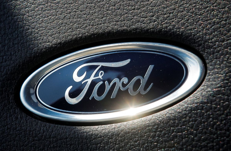 The Ford name plate is seen on the interior of the Ford F-150 Lightning pickup truck during a press event in New York City, U.S., May 26, 2021.  