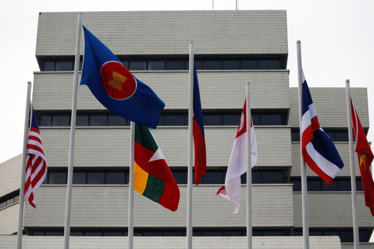 Flags are seen outside the Association of Southeast Asian Nations (ASEAN) secretariat building, ahead of the ASEAN leaders' meeting in Jakarta, Indonesia, April 23, 2021. 