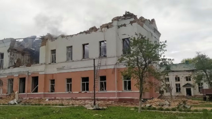 Exterior view of a school with blown-out windows and a collapsed roof, after it was destroyed by shelling, during Russia's invasion of Ukraine, in Novhorod-Siverskyi, Chernihiv Region, May 12, 2022. State Emergency Service of Ukraine/Handout via REUTERS 