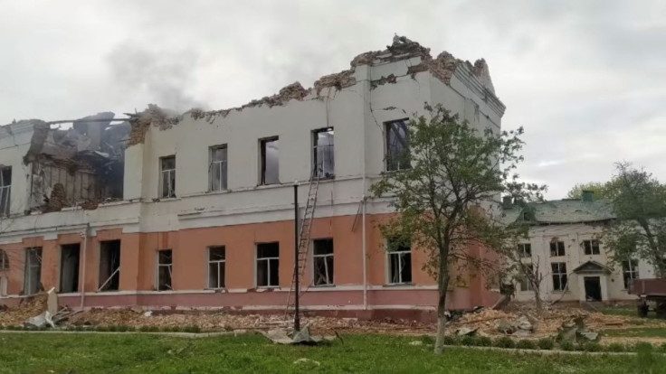 Exterior view of a school with blown-out windows and a collapsed roof, after it was destroyed by shelling, during Russia's invasion of Ukraine, in Novhorod-Siverskyi, Chernihiv Region, May 12, 2022. State Emergency Service of Ukraine/Handout via REUTERS