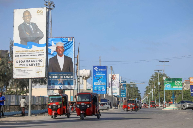 Election banners of Somali presidential candidates are seen along a street in Mogadishu, Somalia. May 12, 2022.