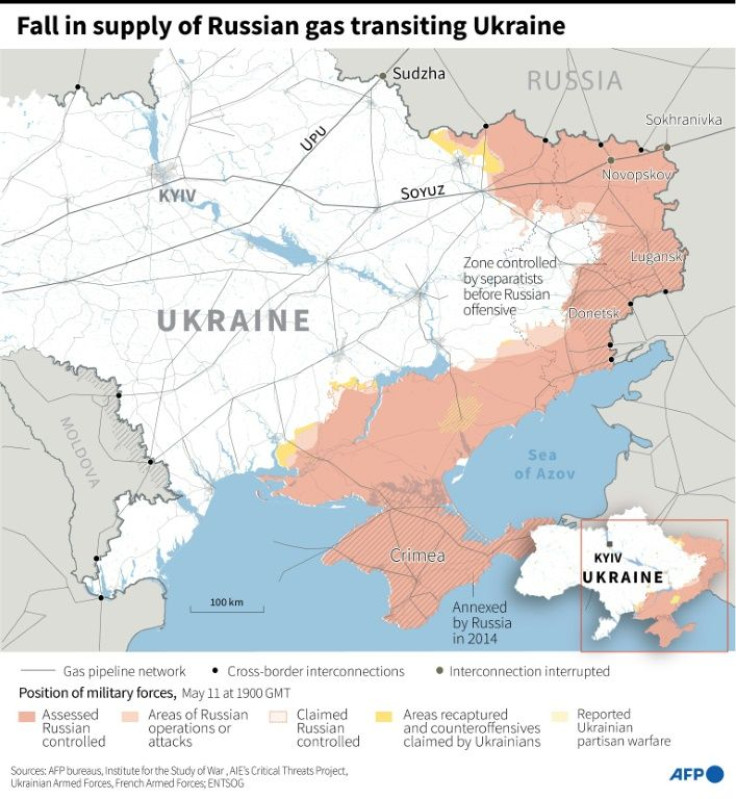 Map of Ukraine showing position of military forces and the gas pipeline networks with locations where the supply has been interrupted.