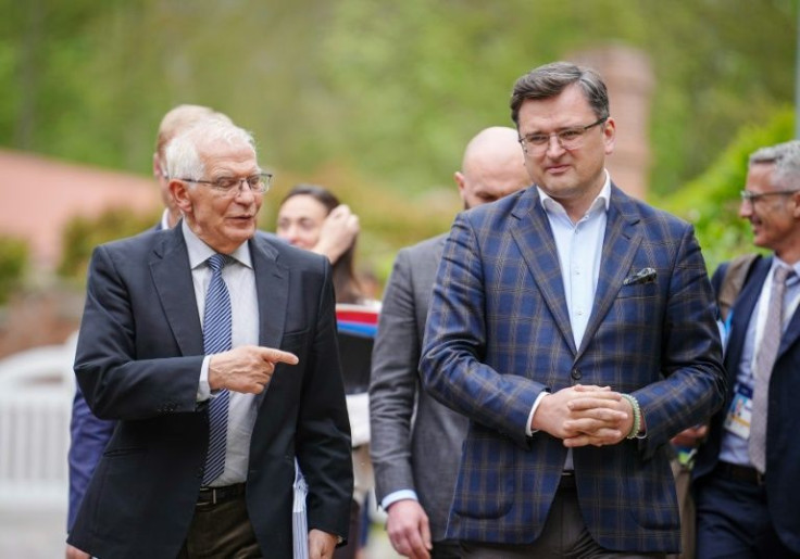 EU foreign policy chief Josep Borrell (left) meets Ukraine's Foreign Minister Dmytro Kuleba at a Group of Seven foreign ministers meeting in Wangels, Germany