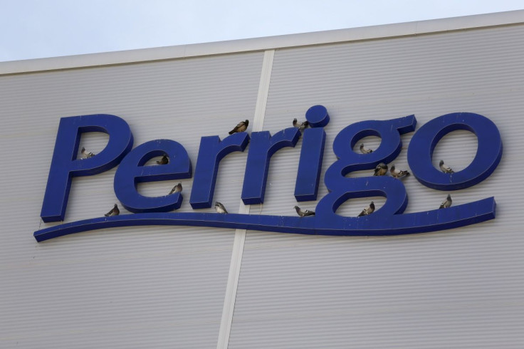 Birds are seen on the logo of generic drugmaker Perrigo Co outside their new factory in the city of Yeruham, in southern Israel March 2, 2016. 