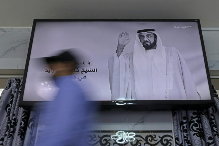 A local channel displays the portrait of late UAE President Sheikh Khalifa bin Zayed Al-Nahyan, during state mourning in Abu Dhabi