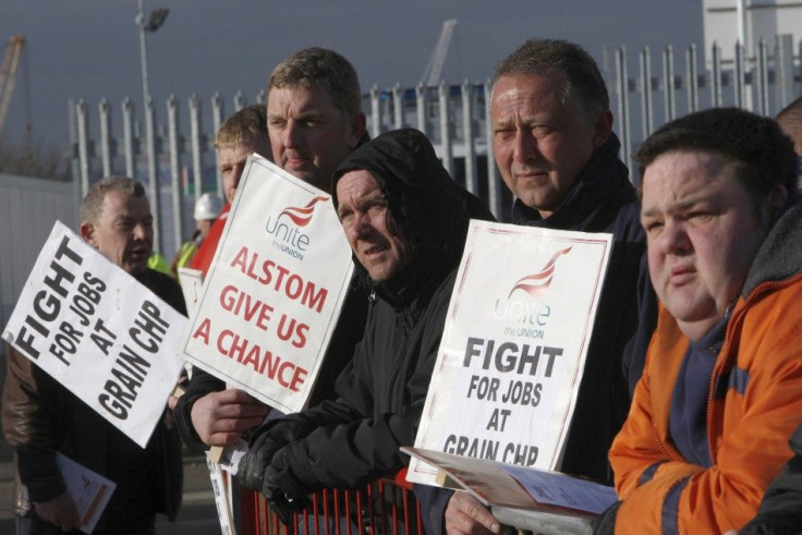 Unemployed British construction workers protest outside the Isle of Grain power station in Rochester, southeast England