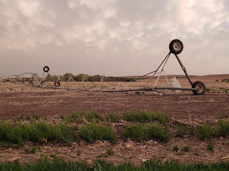 Mangled irrigation systems lay across farmland in central Nebraska after high winds swept across the U.S. Great Plains and upper Midwest, Litchfield, Nebraska, U.S., in this still image obtained from a social media video. KEVIN FULTON/via REUTERS