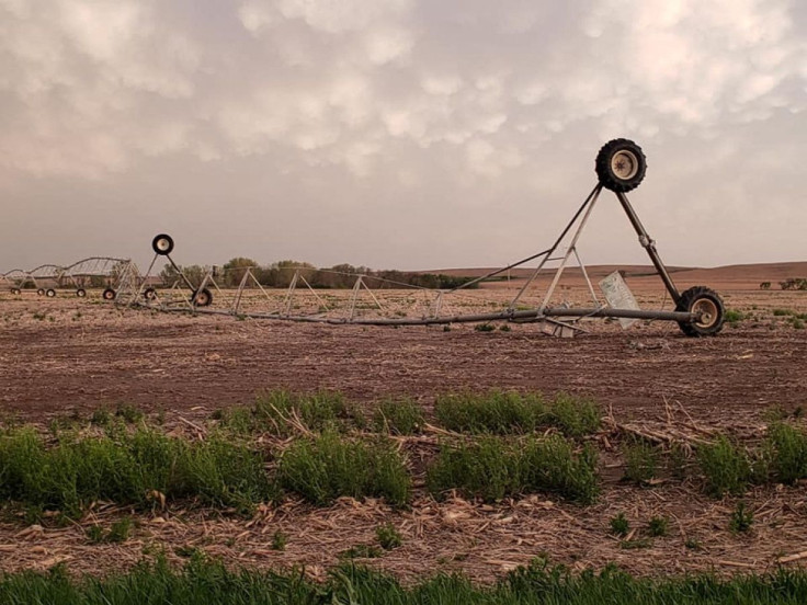 Mangled irrigation systems lay across farmland in central Nebraska after high winds swept across the U.S. Great Plains and upper Midwest, Litchfield, Nebraska, U.S., in this still image obtained from a social media video. KEVIN FULTON/via REUTERS  