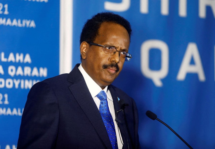 Somalia's President Mohamed Abdullahi Mohamed addresses delegates at the Somali election negotiation in Mogadishu, Somalia May 27, 2021 