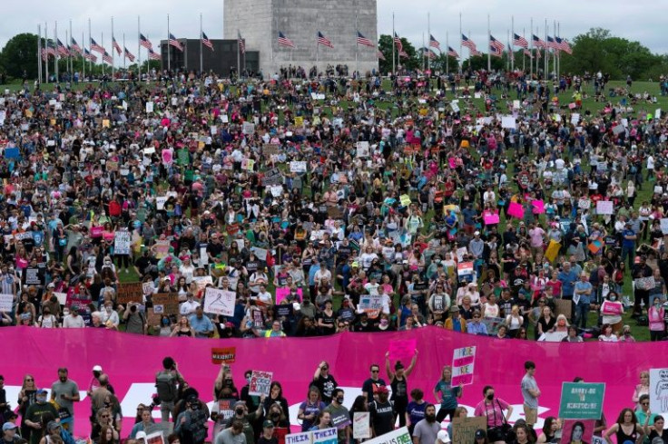 Abortion rights activist rally at the Washington Monument before a march to the US Supreme Court in Washington, DC, on May 14, 2022