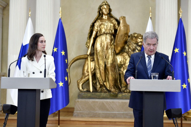 Finland's Prime Minister Sanna Marin and Finland's President Sauli Niinisto attend a joint news conference on Finland's security policy decisions at the Presidential Palace in Helsinki, Finland, May 15, 2022. Heikki Saukkomaa/ Lehtikuva/via REUTERS