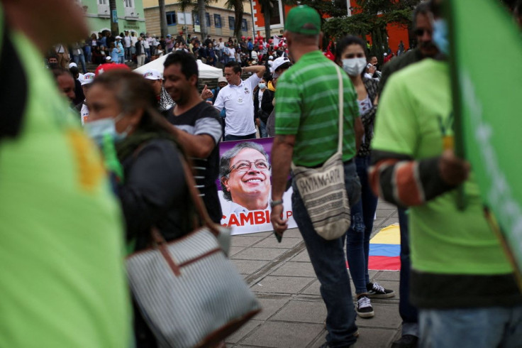 A poster with the image of Colombian left-wing presidential candidate Gustavo Petro of the Coalition Historic Pact is seen during a campaign rally in Fusagasuga, Colombia May 11, 2022. 