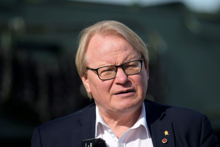 Swedish Defence Minister Peter Hultqvist speaks during a news conference at the military base in Adazi, Latvia April 13, 2022.