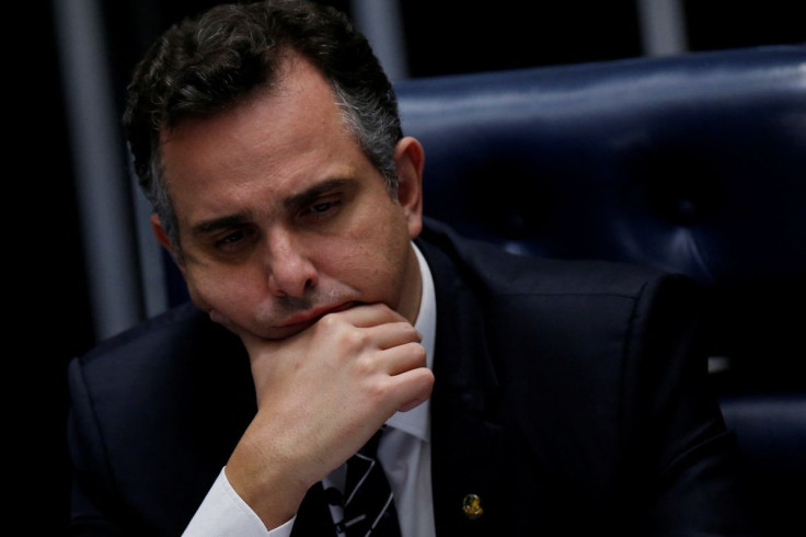 Brazil's Senate President Rodrigo Pacheco looks on during a session of the Federal Senate in Brasilia Brazil February 11, 2021. Picture taken February 11, 2021. 