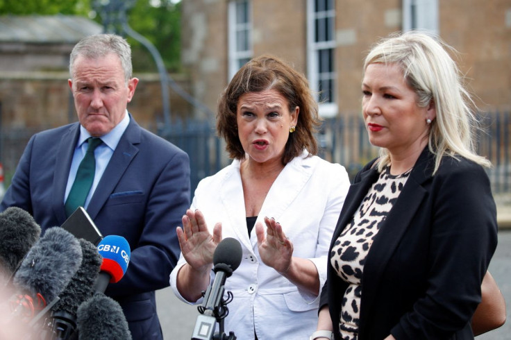 Mary Lou McDonald of Sinn Fein speaks to the media next to Conor Murphy and Michelle OâNeill after their meeting with British Prime Minister Boris Johnson at the Hillsborough Castle, in Hillsborough, Northern Ireland, May 16, 2022. 