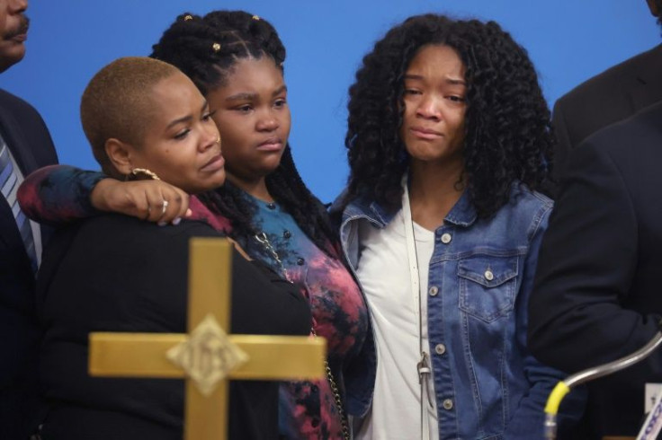 Family members of Ruth Whitfield, 86, who was killed during a mass shooting at Tops grocery store in Buffalo, New York are seen at a press conference on May 16, 2022