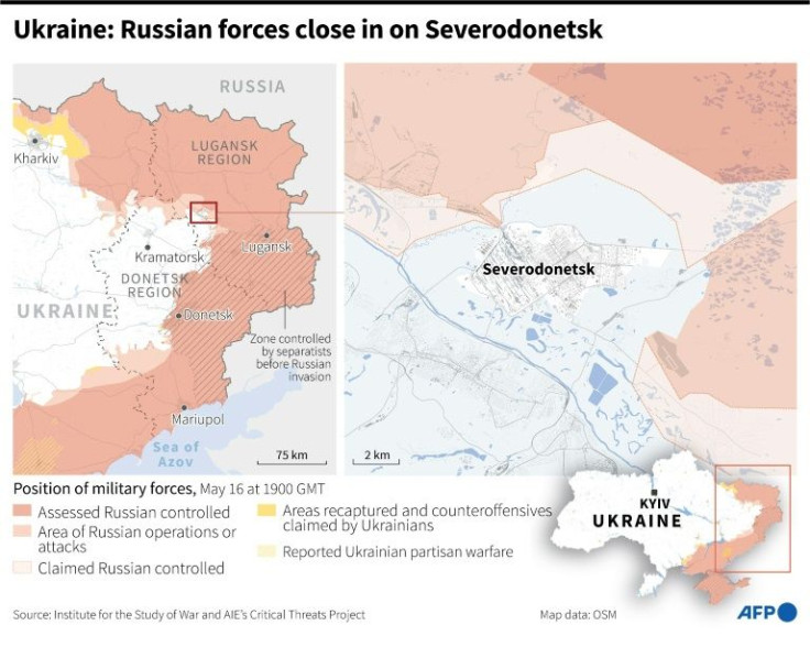 Map of eastern Ukraine and zoom on Severodonetsk, where Russian forces are closing in on the city, as of May 16 at 1900 GMT