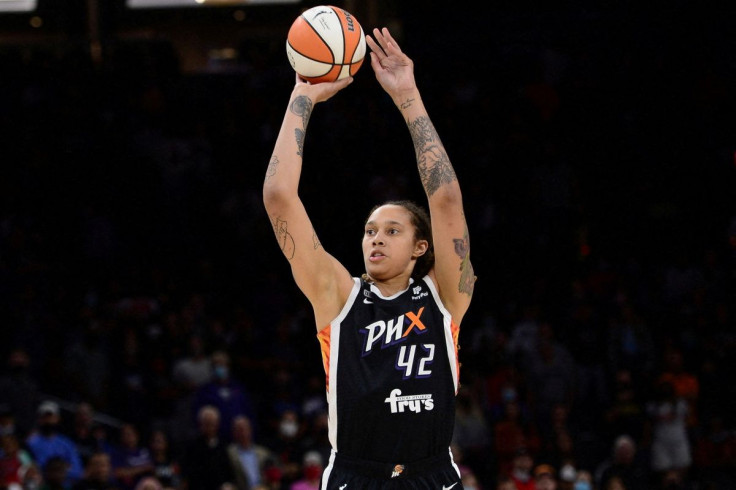 Oct 13, 2021; Phoenix, Arizona, USA; Phoenix Mercury center Brittney Griner (42) shoots against the Chicago Sky during the first half of game two of the 2021 WNBA Finals at Footprint Center. Joe Camporeale-USA TODAY Sports/File Photo