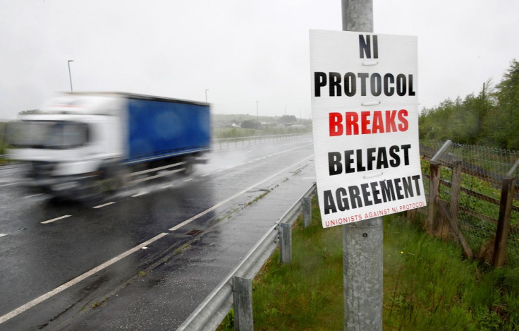 An anti-northern Ireland protocol poster is seen next to a road approaching Larne, Northern Ireland, May 17, 2022.  