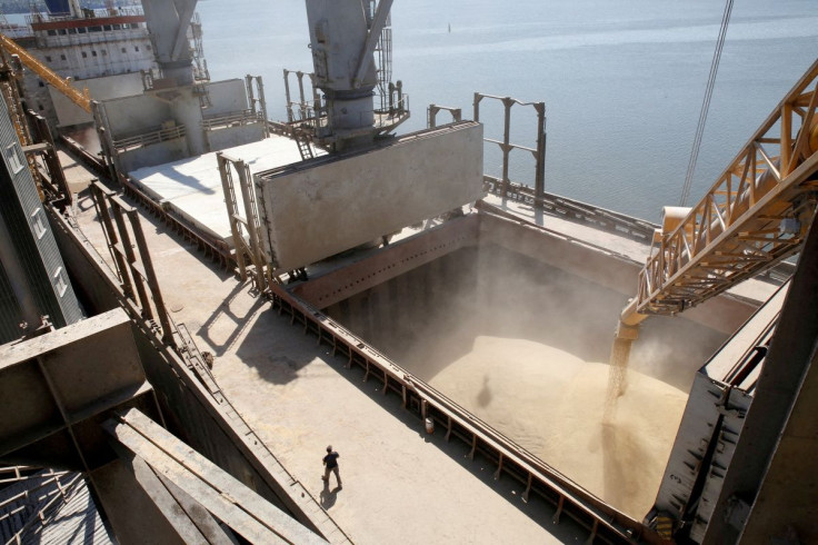 A dockyard worker watches as barley grain is mechanically poured into a 40,000 ton ship at a Ukrainian agricultural exporter's shipment terminal in the southern Ukrainian city of Nikolaev July 9, 2013.   