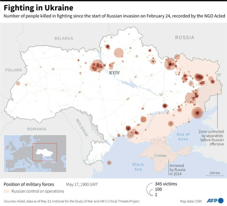 Map showing number of people killed in fighting since the start of Russian invasion on February 24, recorded by the NGO Acled