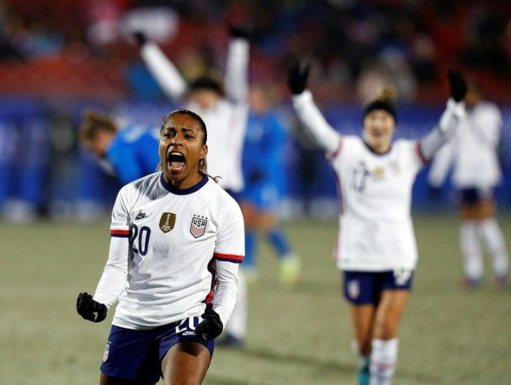 Catarina Macario of the USA celebrates after scoring a goal against Iceland in February 2022