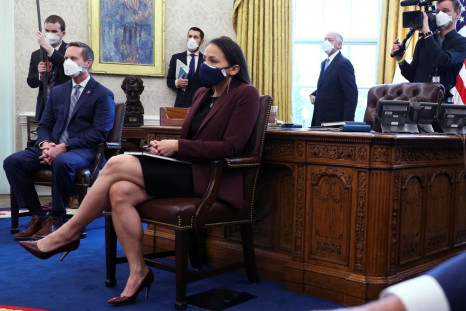 U.S. Rep. Sharice Davids (D-KS), vice chair of the House Transportation and Infrastructure Committee, attends a meeting on administration plans for infrastructure between U.S. President Joe Biden and members of Congress in the Oval Office at the White Hou