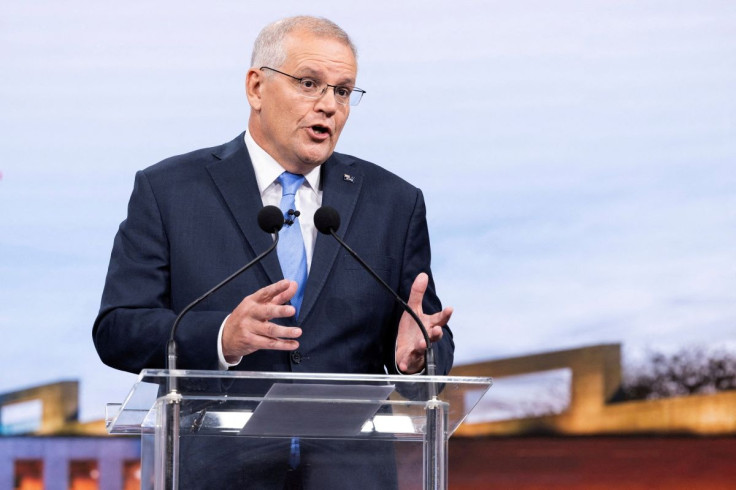 Australian incumbent Prime Minister Scott Morrison speaks during the second leaders' debate of the 2022 federal election campaign at the Nine studio in Sydney, Australia May 8, 2022. Alex Ellinghausen/Pool via 