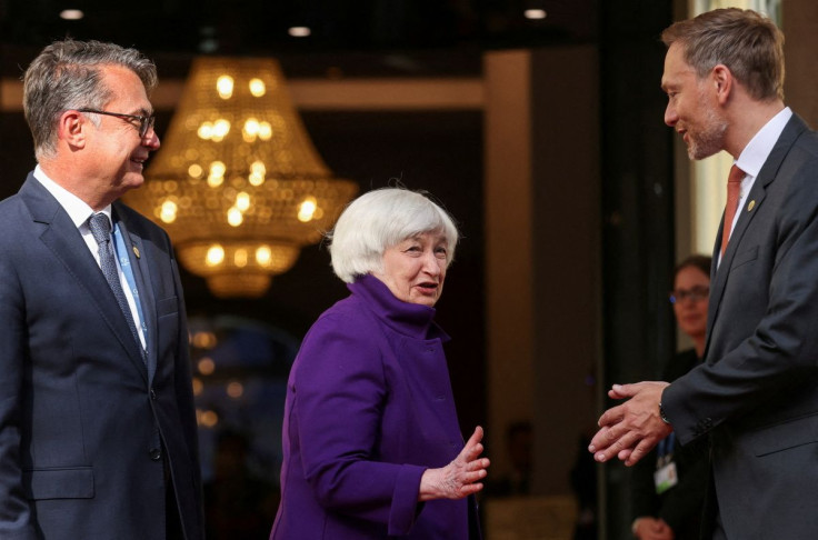 U.S. Treasury Secretary Janet Yellen poses for a family photo with Germany's Finance Minister Christian Lindner and President of the Deutsche Bundesbank Joachim Nagel as they welcome attendees of the G7 Summit in Koenigswinter, near Bonn, Germany May 19, 