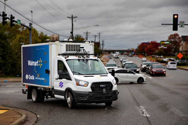 A driverless Gatik delivery box truck operates in Bentonville, Arkansas, U.S. in this picture taken in October 2021 and obtained by Reuters on May 18, 2022. Gatik/Handout via REUTERS