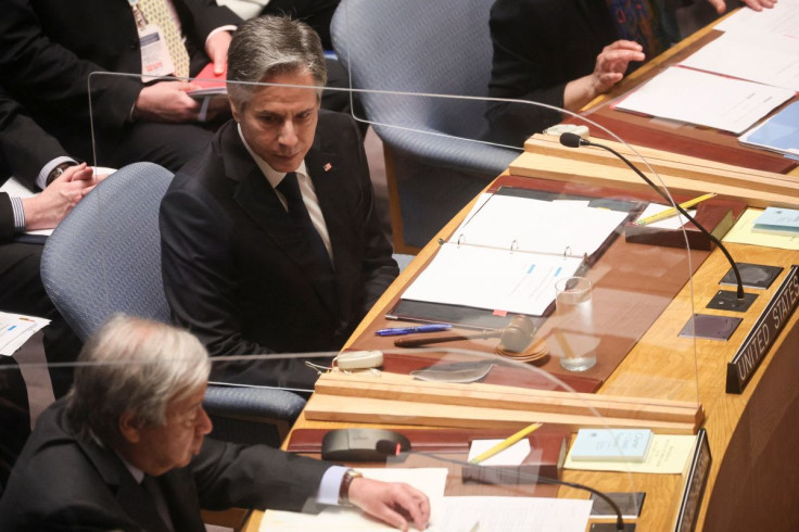 U.S. Secretary of State Antony Blinken chairs a United Nations Security Council meeting as U.N. Secretary General Antonio Guterres speaks on food insecurity and conflict at U.N. headquarters in New York City, New York, U.S., May 19, 2022. 