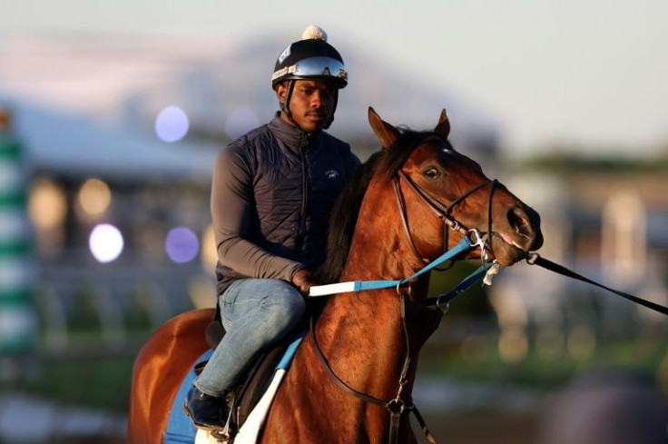 Early favorite Epicenter completes an exercise session at Pimlico racetrack prior to the Preakness Stakes