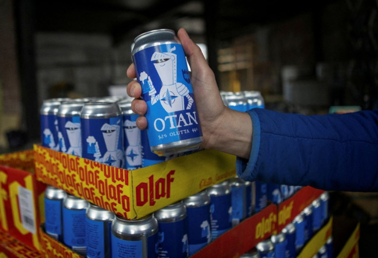 Nato-branded OTAN beer cans by Olaf Brewing Company are pictured in Savonlinna, Finland May 17, 2022. Lehtikuva/Soila Puurtinen via REUTERS
