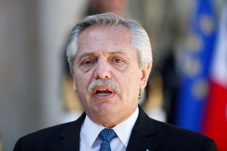 Argentinian President Alberto Fernandez speaks during a meeting with French President Emmanuel Macron (not pictured) at the Elysee Palace in Paris, France, May 13, 2022. Mohammed Badra/Pool via REUTERS