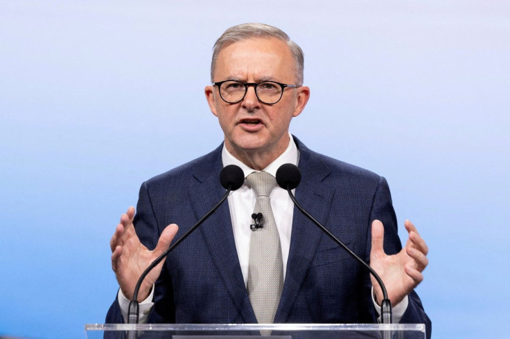 Australian Opposition Leader Anthony Albanese during the second leaders' debate of the 2022 federal election campaign at the Nine studio in Sydney, Australia May 8, 2022. Alex Ellinghausen/Pool via